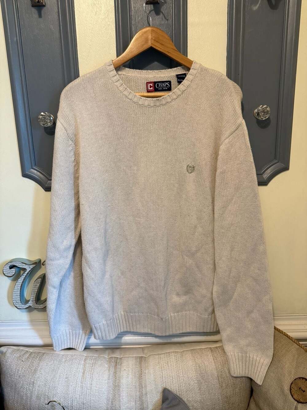 Chaps Men's Cream 100% Cotton Crewneck Knit Sweater XL